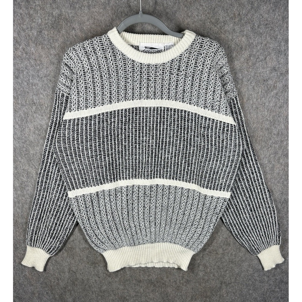 Vintage Expressions Sweater Mens XL Black White Ribbed Knit Grandpa 90s